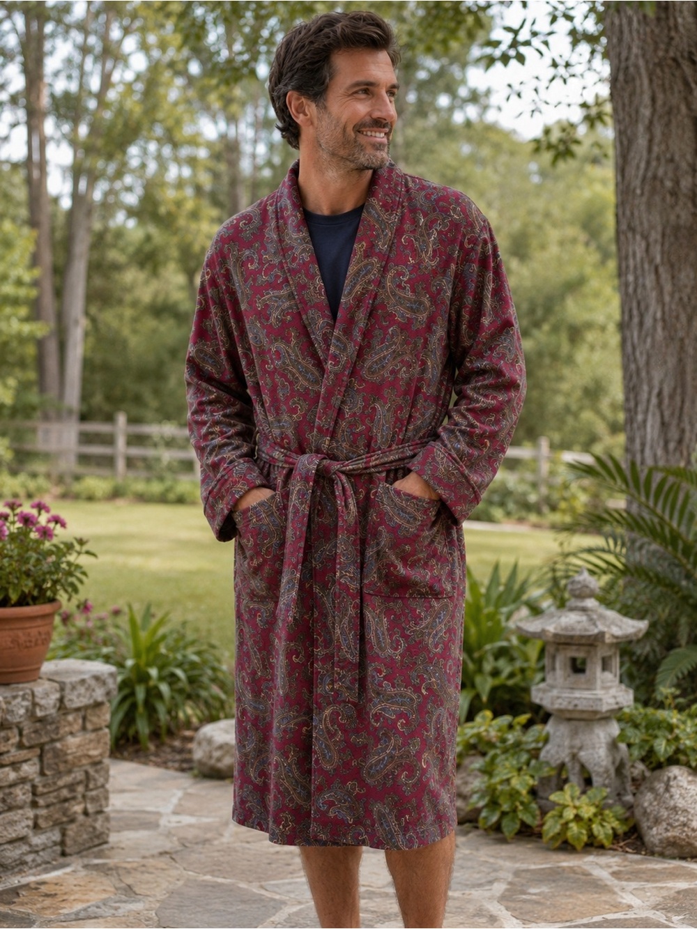 Nautica Men’s L Paisley Cotton Bathrobe Shawl Collar Belted Burgundy Robe
